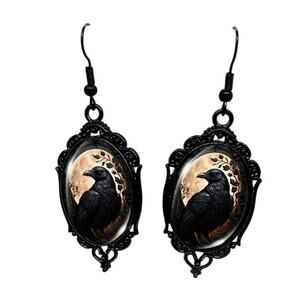 Gothic Raven Cameo Drop Earring Lace Frame Black Cream Whimsygoth Witchycore NWT